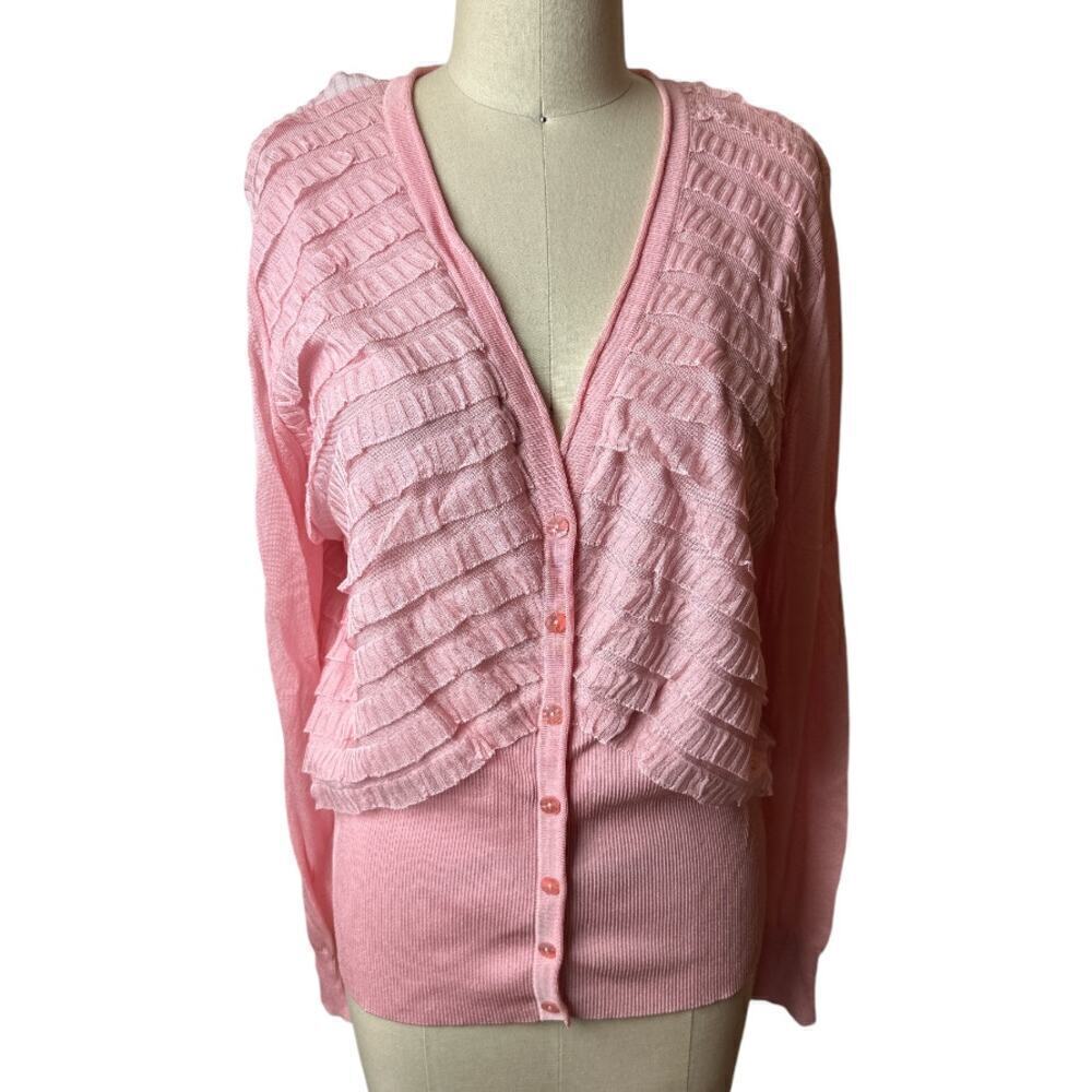 Escada Pink Layered Ruffle Knit Cardigan Sweater Women's Size 44 US L